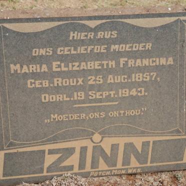 ZINN Maria Elizabeth Francina nee ROUX 1857-1943