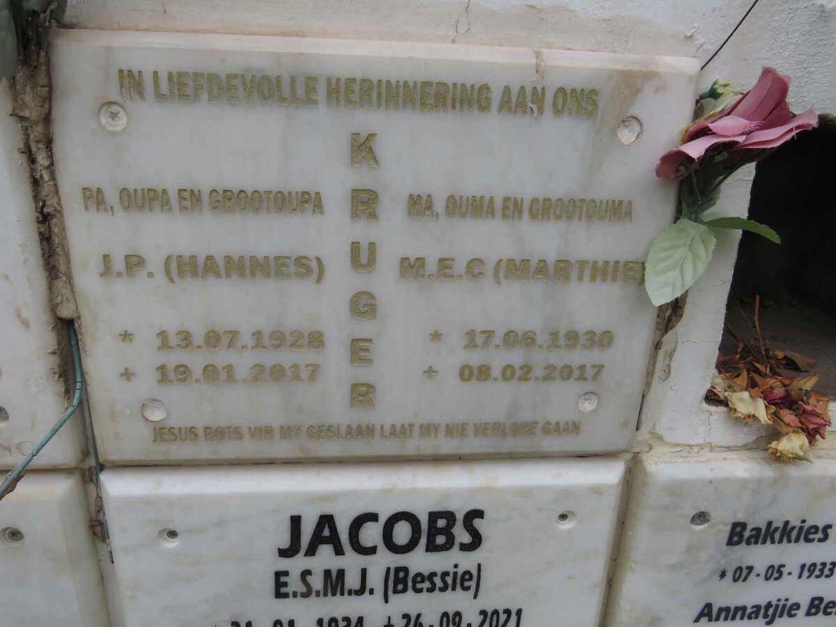 KRUGER J.P. 1928-2017 & M.E.C. 1930-2017