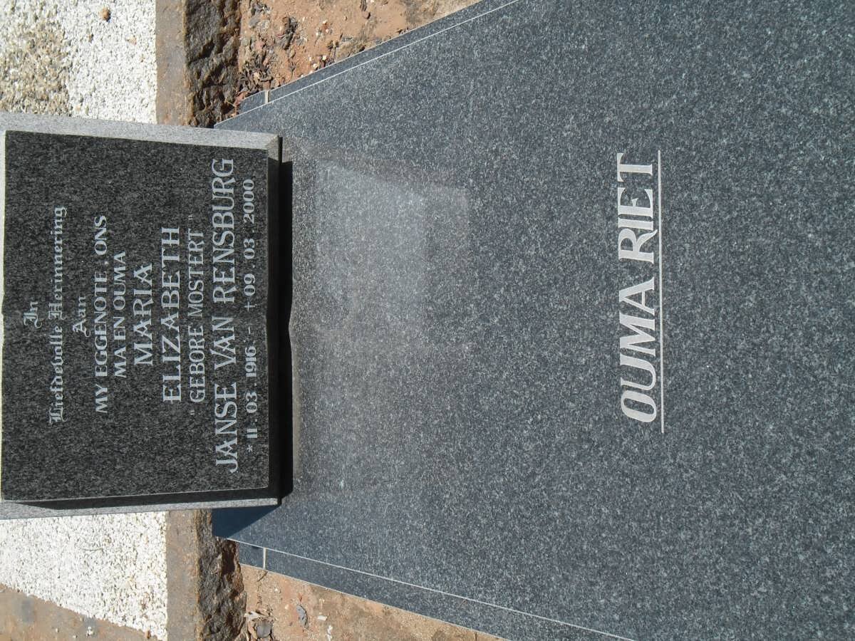 RENSBURG Maria Elizabeth, Janse van nee MOSTERT 1916-2000