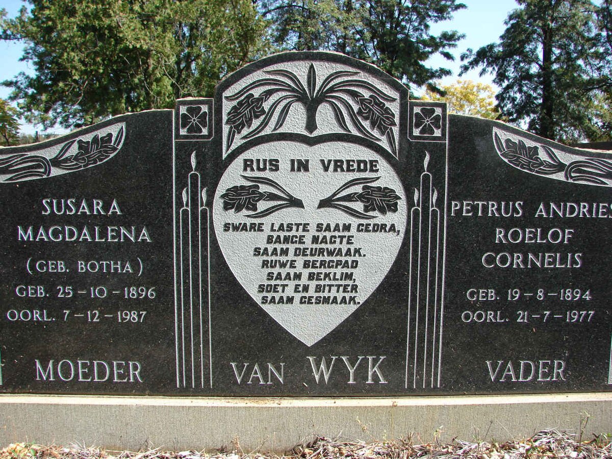 WYK Petrus Andries Roelof Cornelis, van 1894-1977 &amp; Susara Magdalena BOTHA 1896-1987