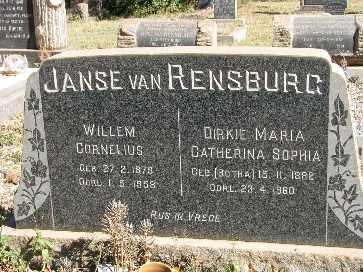 RENSBURG Willem Cornelius, Janse van 1879-1958 &amp; Dirkie Maria Catherina Sophia BOTHA 1882-1960