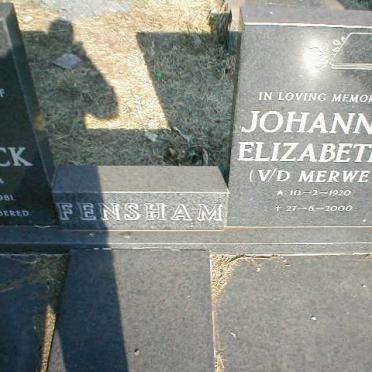 FENSHAM John Fredrick 1914-1981 &amp; Johanna Elizabeth VAN DER MERWE 1920-2000