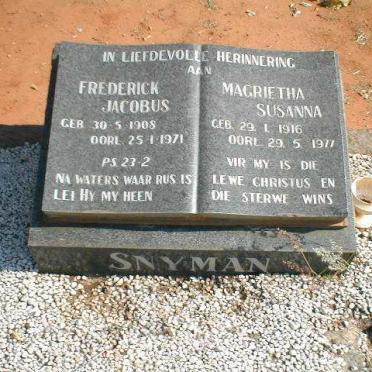 SNYMAN Frederick Jacobus 1908-1971 &amp; Margrietha Susanna 1916-1977