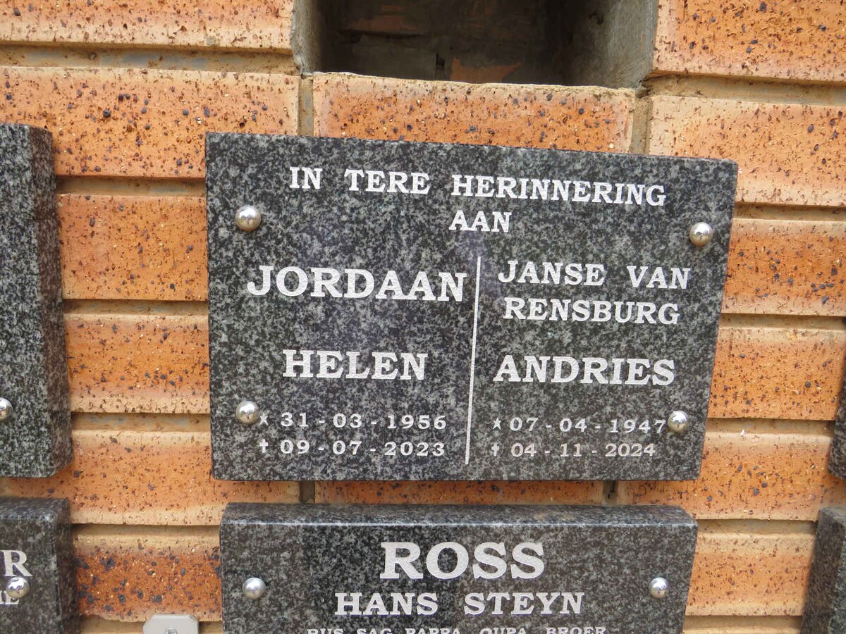 RENSBURG Andries, Janse van 1947-2024 :: JORDAAN Helen 1956-2023