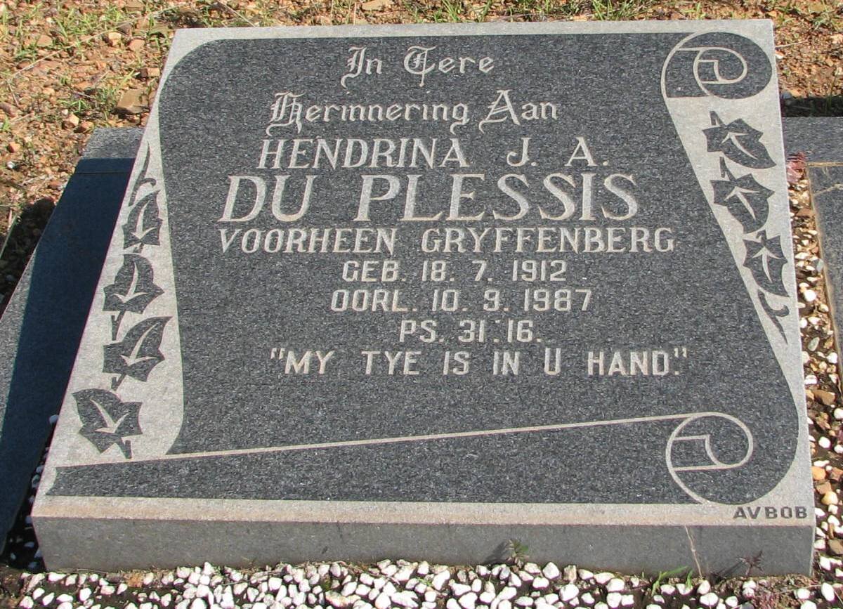 PLESSIS Hendrina J.A., du voorheen GRYFFENBERG 1912-1987