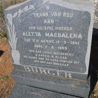 BURGER Aletta Magdalena nee V.D. MERWE 1881-1959
