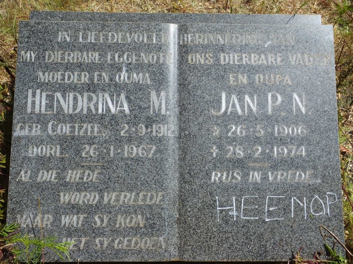 HEENOP Jan P.N. 1906-1974 &amp; Hendrina M. COETZEE 1912-1967