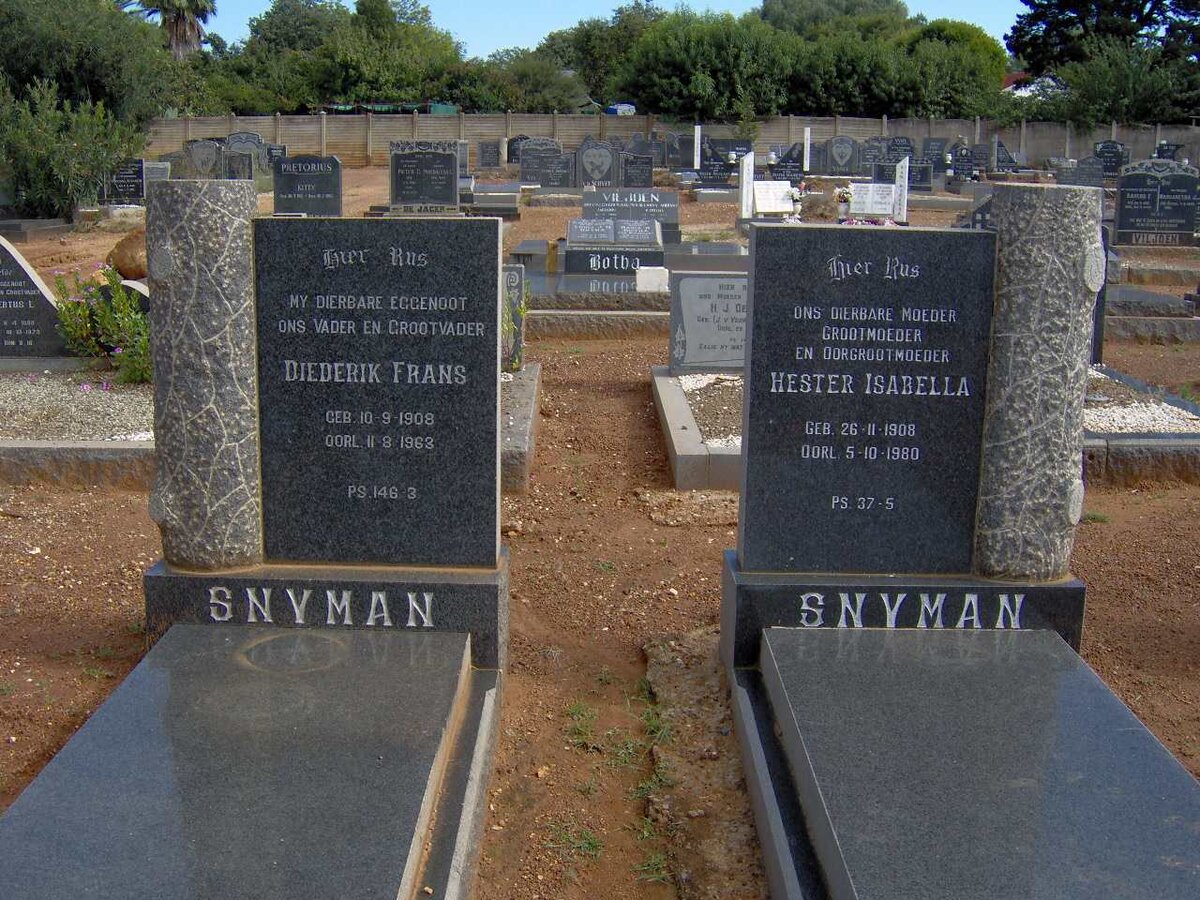 SNYMAN Diederik Frans 1908-1988 &amp; Hester Isabella 1908-1980