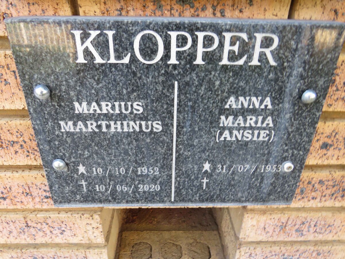 KLOPPER Marius Marthinus 1952-2020 & Anna Maria 1953- 