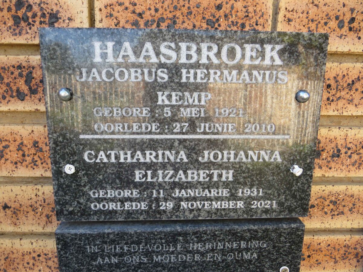 HAASBROEK Jacobus Hermanus Kemp 1921-2010 & Catharina Johanna Elizabeth 1931-2021