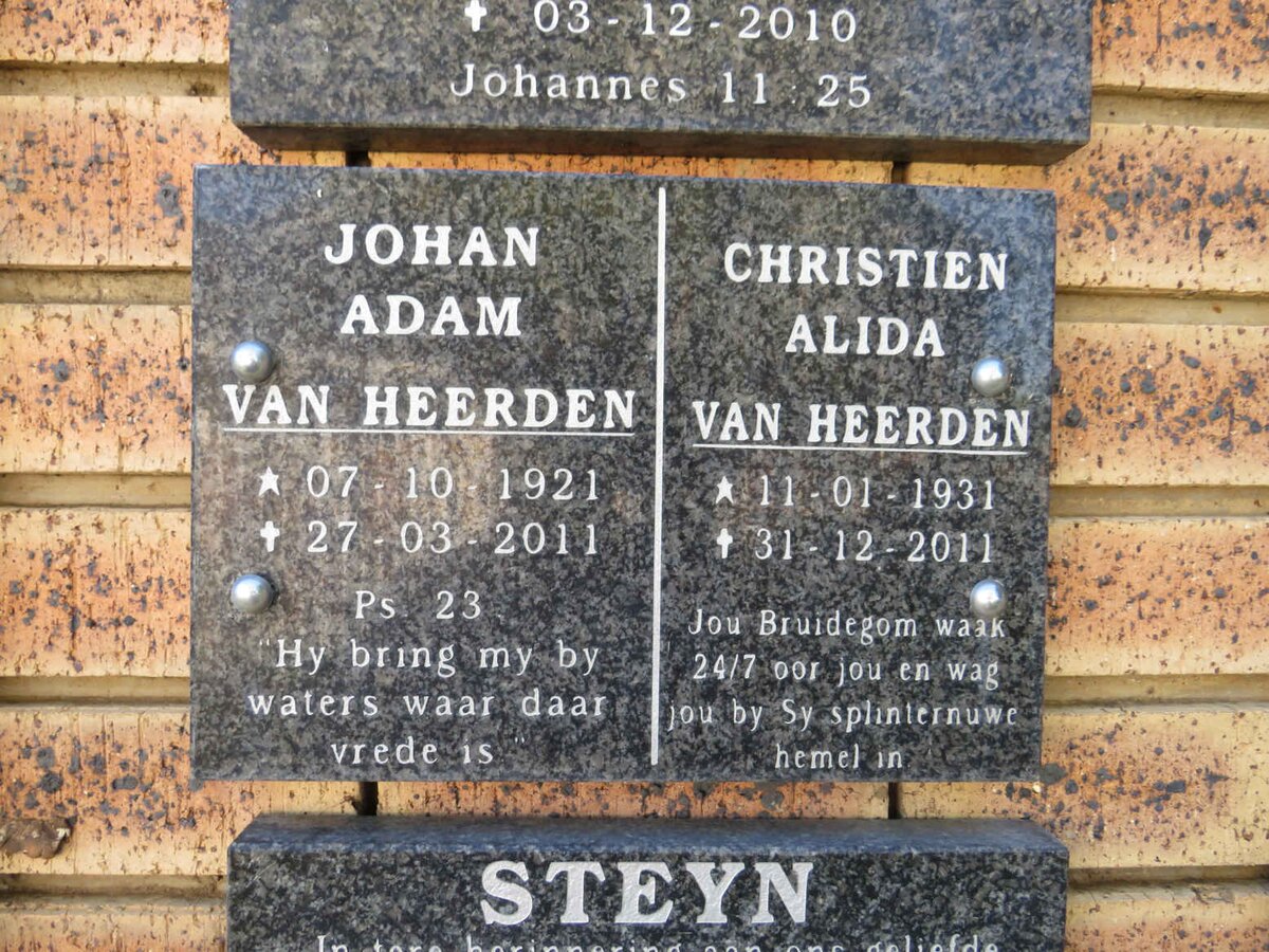 HEERDEN Johan Adam, van 1921-2011 & Christien Alida 1931-2011