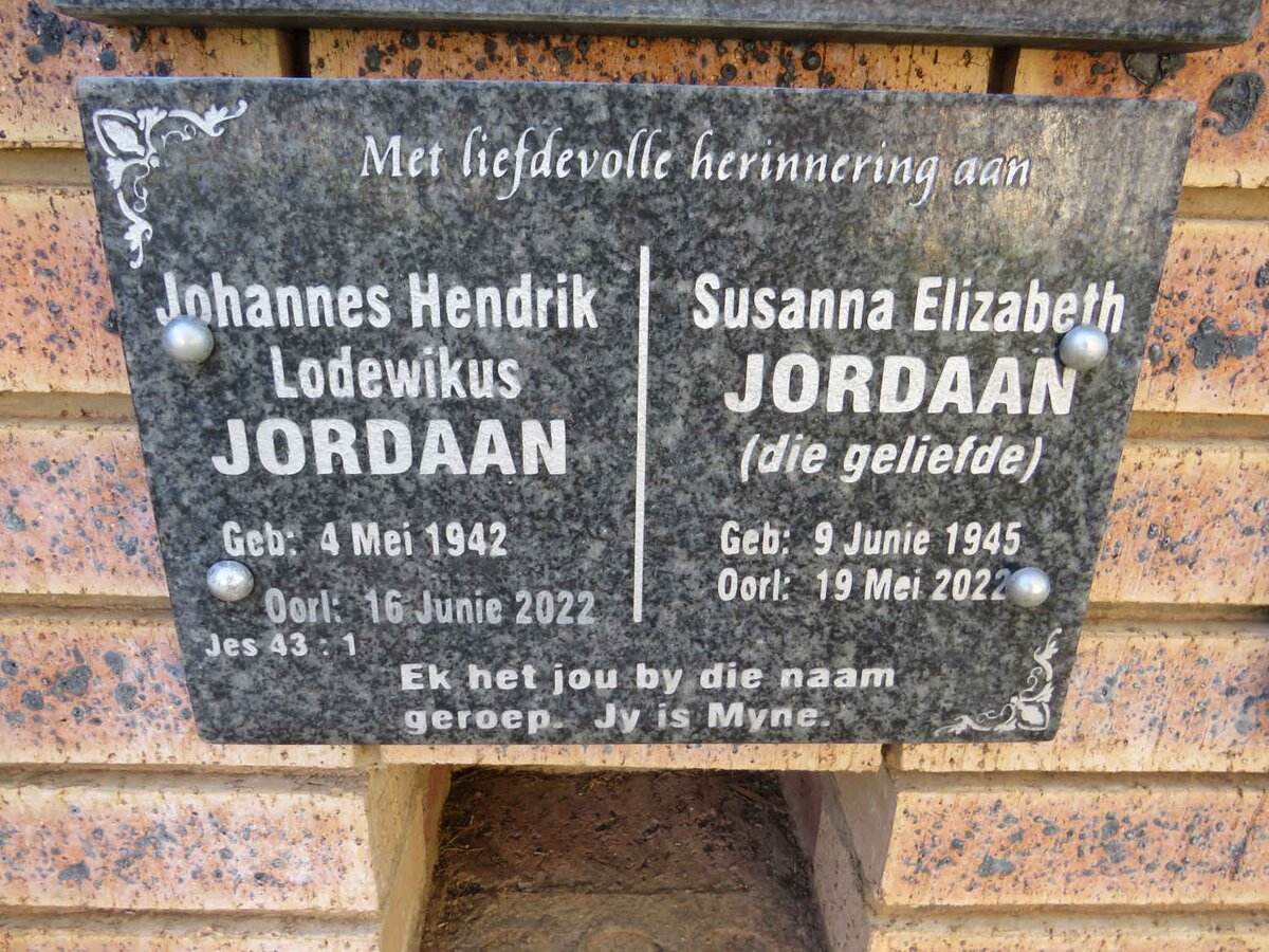 JORDAAN Johannes Hendrik Lodewikus 1942-2022 & Susanna Elizabeth 1945-2022