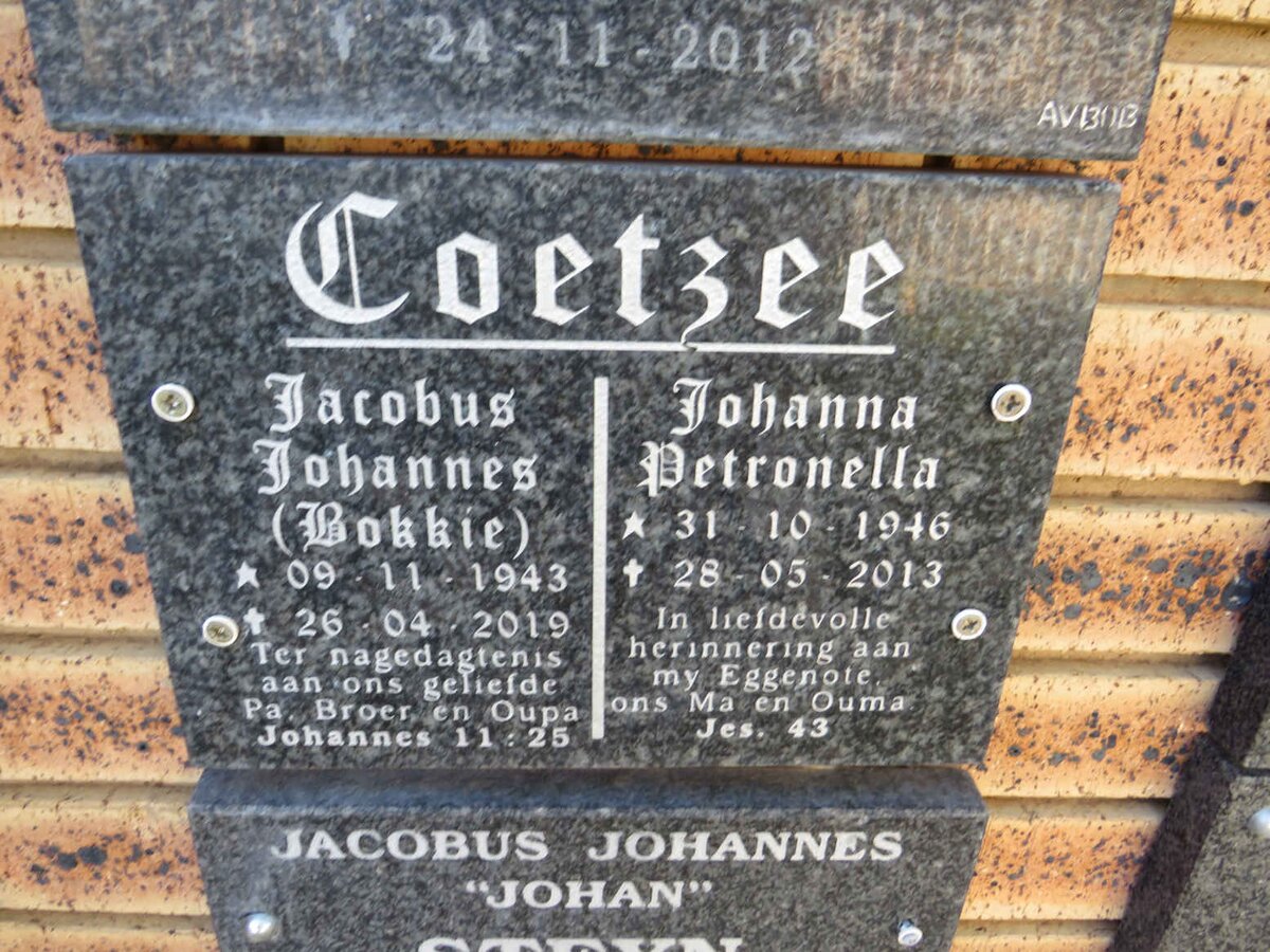 COETZEE Jacobus Johannes 1943-2019 & Johanna Petronella 1946-2013