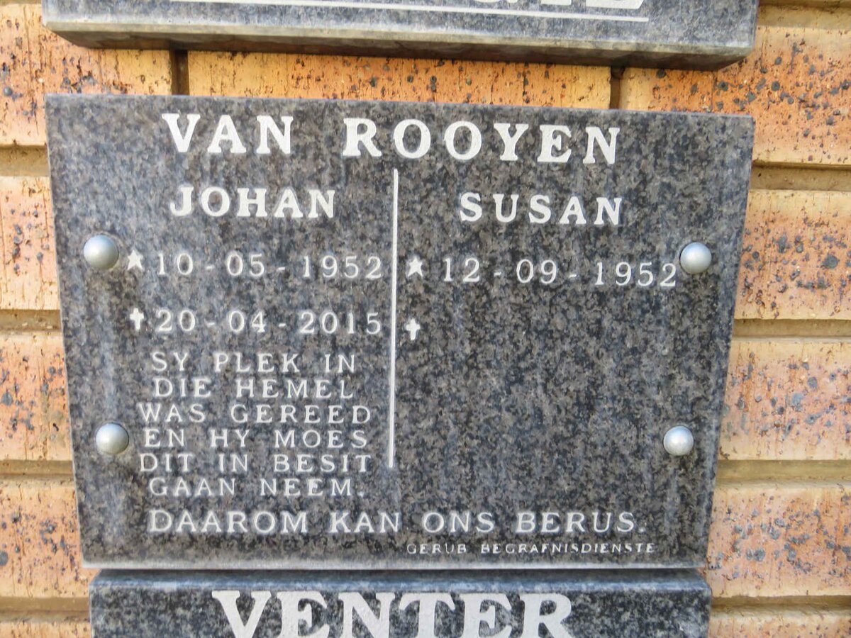 ROOYEN Johan, van 1952-2015 & Susan 1952- 