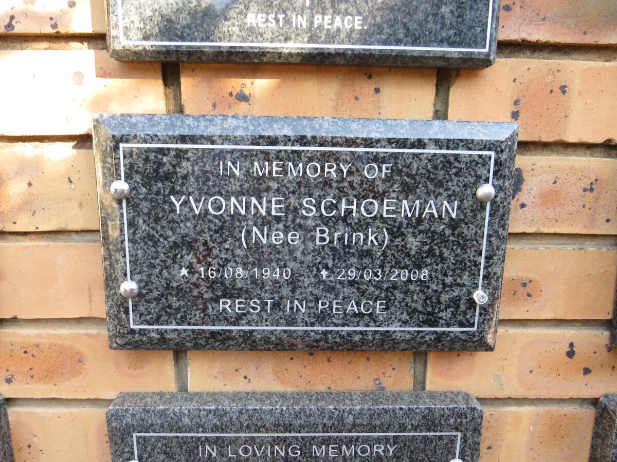 SCHOEMAN Yvonne nee BRINK 1940-2008