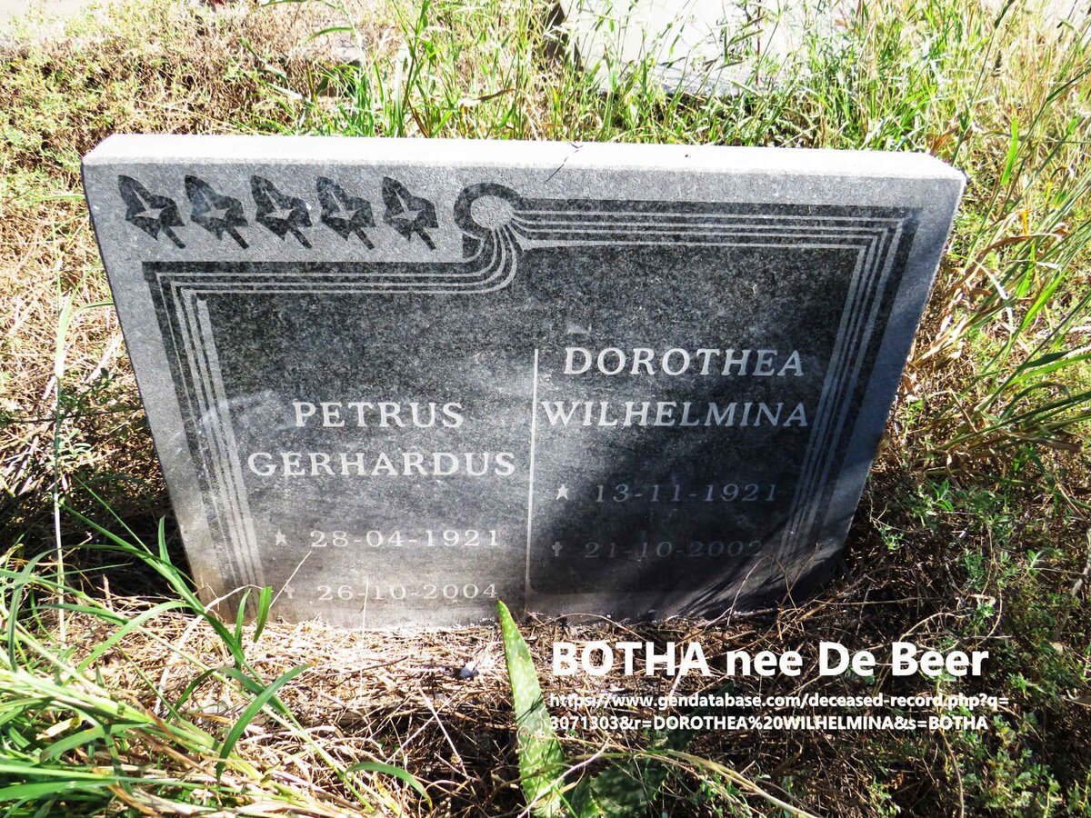 BOTHA Petrus Gerhardus 1921-2004 & Dorothea Wilhelmina DE BEER 1921-2002