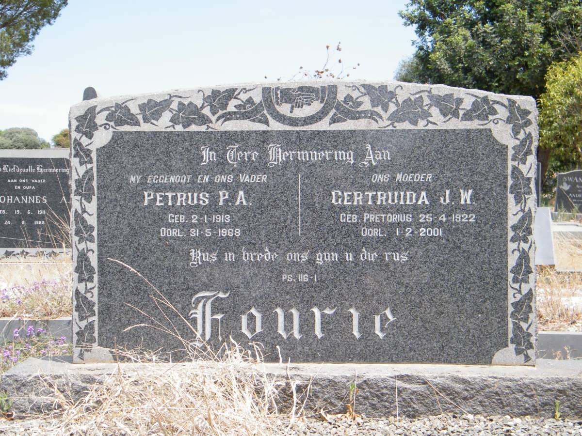 FOURIE Petrus P.A. 1913-1968 &amp; Gertruida J.W. PRETORIUS 1922-2001