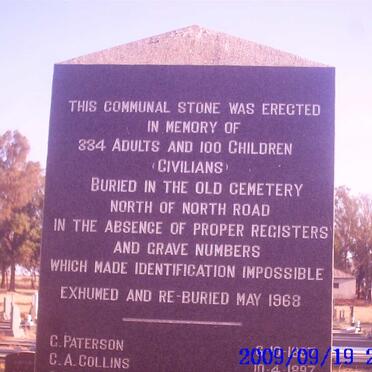 4.  Memorial stone for the 334 adults &amp; 100 children reburied at Vryburg Memorial Cemetery