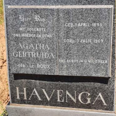 HAVENGA Agatha Gertruida nee LE ROUX 1895-1969
