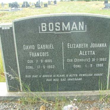 BOSMAN David Gabriël Francois 1885-1962 &amp; Elizabeth Johanna Aletta  SCHOLTZ 1892-1986