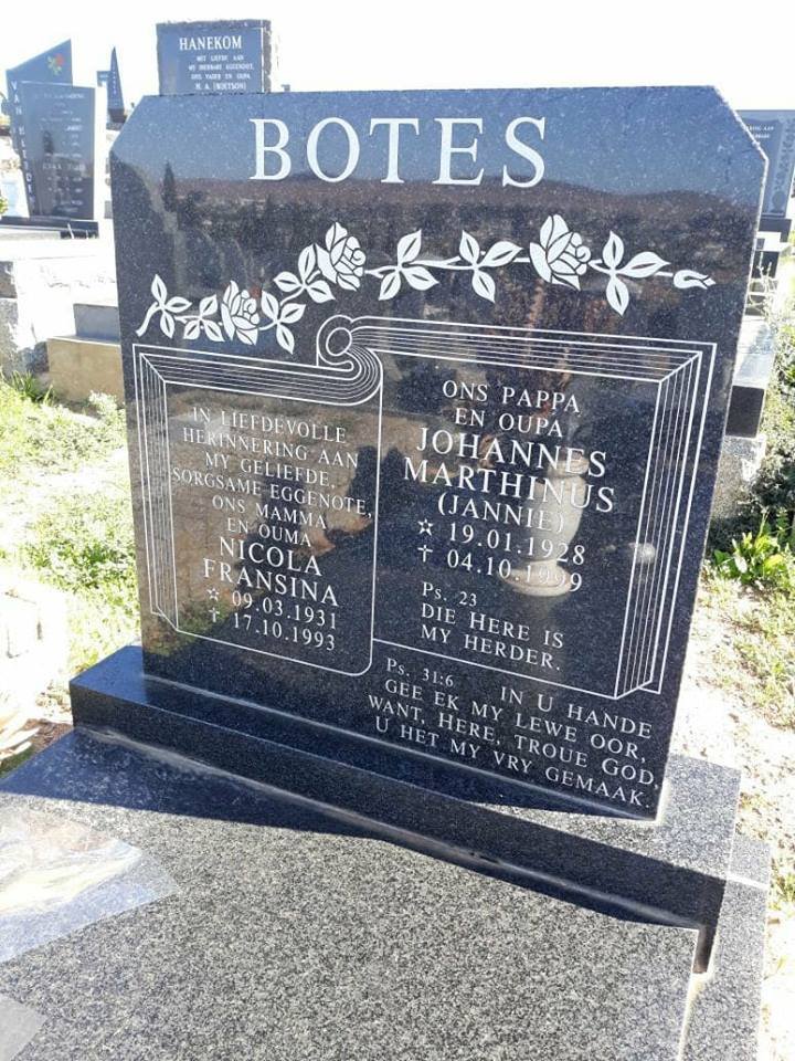 BOTES Johannes Marthinus 1928-1999 &amp; Nicola Fransina VAN DER MERWE 1931-1993