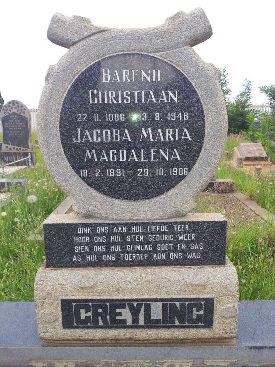 GREYLING Barend Christiaan 1886-1948 &amp; Jacoba Maria Magdalena 1891-1986