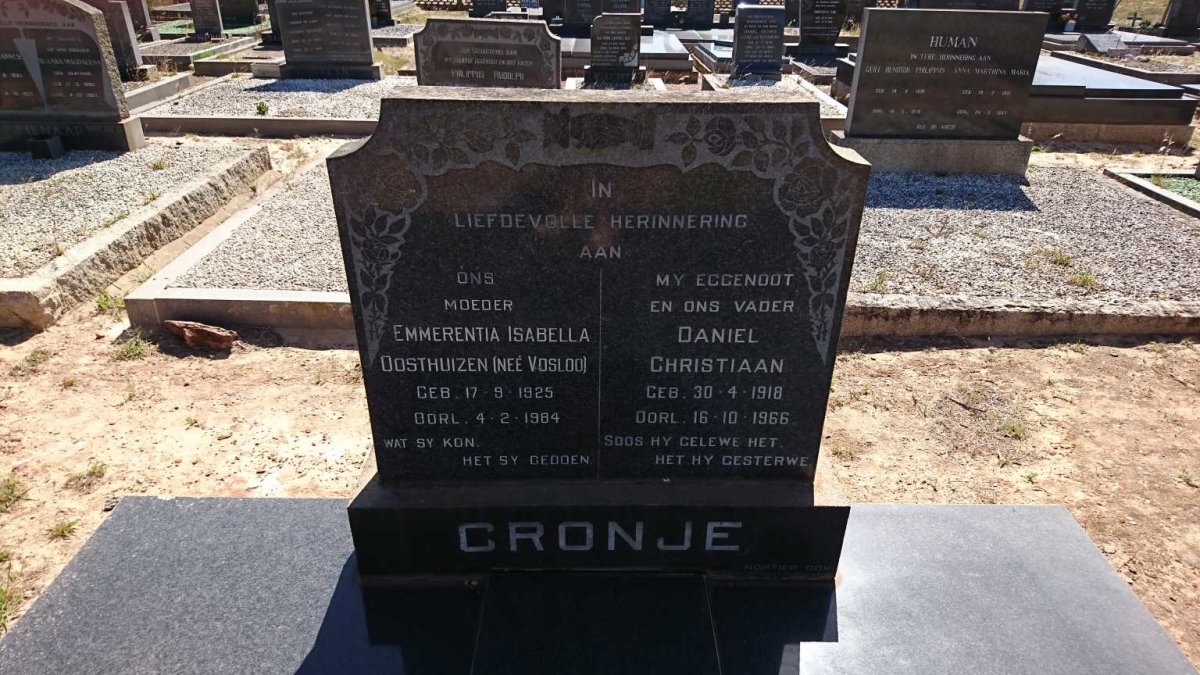 CRONJE Daniel Christiaan 1918-1966 &amp; Emmerentia Isabella OOSTHUIZEN nee VOSLOO 1925-1984