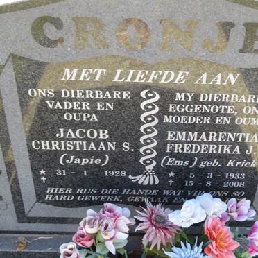 CRONJE Jacob Christiaan S. 1928- &amp; Emmarentia Frederika J. KRIEK 1933-2008
