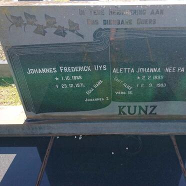 KUNZ Johannes Frederick Uys 1888-1971 &amp; Aletta Johanna PAYNE 1899-1983