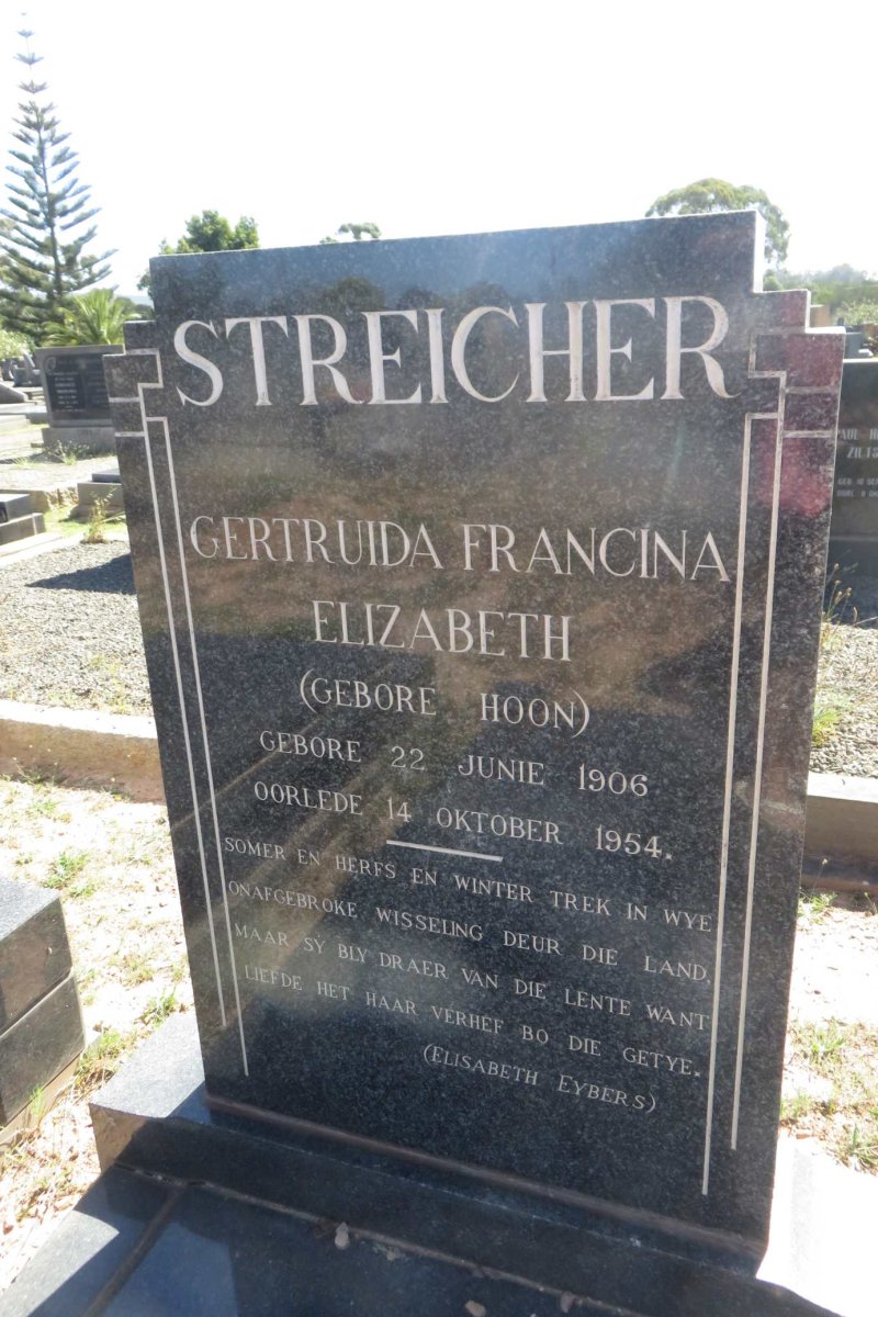 STREICHER Gertruida Francina Elizabeth nee HOON 1906-1954