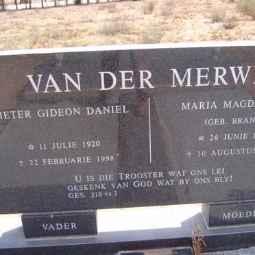 MERWE Pieter Gideon Daniel, van der 1920-1998 &amp; Maria Magdalena BRAND 1916-2002
