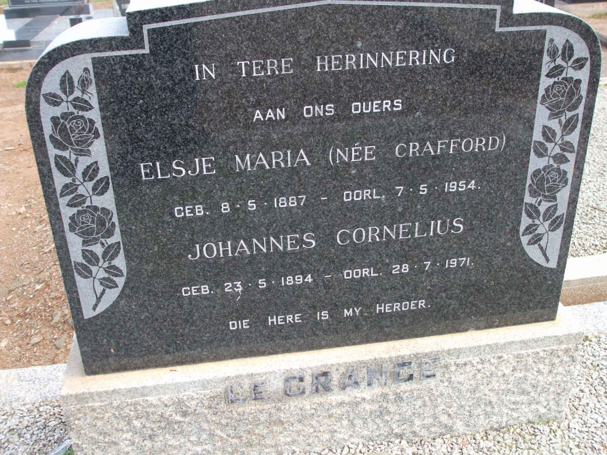 GRANGE Johannes Cornelius, le 1894-1971 &amp; Elsje Maria CRAFFORD 1887-1954