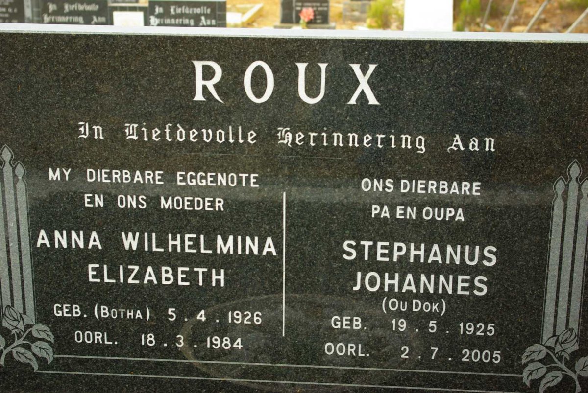 ROUX Stephanus Johannes 1925-2005 &amp; Anna Wilhelmina BOTHA 1926-1984