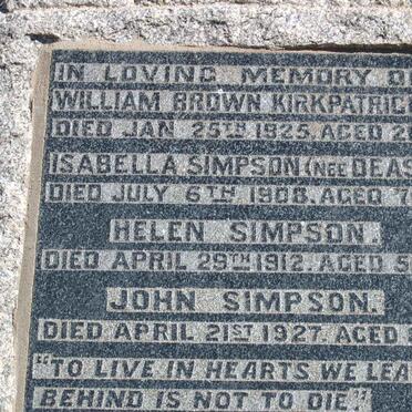 SIMPSON John -1927 :: SIMPSON  Isabella nee DEAS -1908 :: SIMPSON Helen  -1912 :: KIRKPATRICK William Brown  -1925