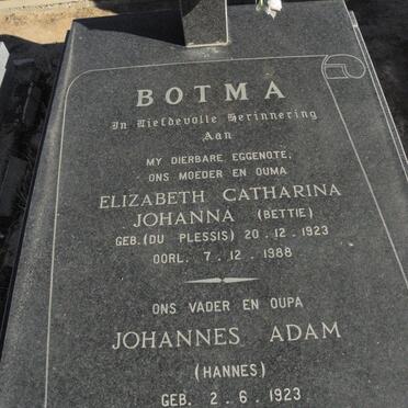 BOTMA Johannes Adam 1923- &amp; Elizabeth Catharina Johanna DU PLESSIS 1923-1988
