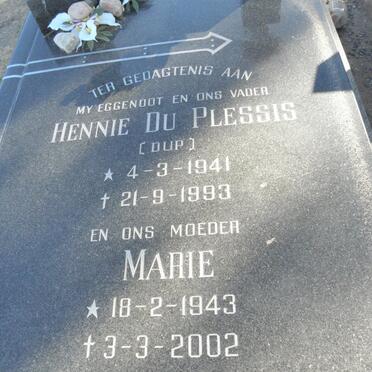 PLESSIS Hennie, Du 1941-1993 &amp; Marie 1942-2002