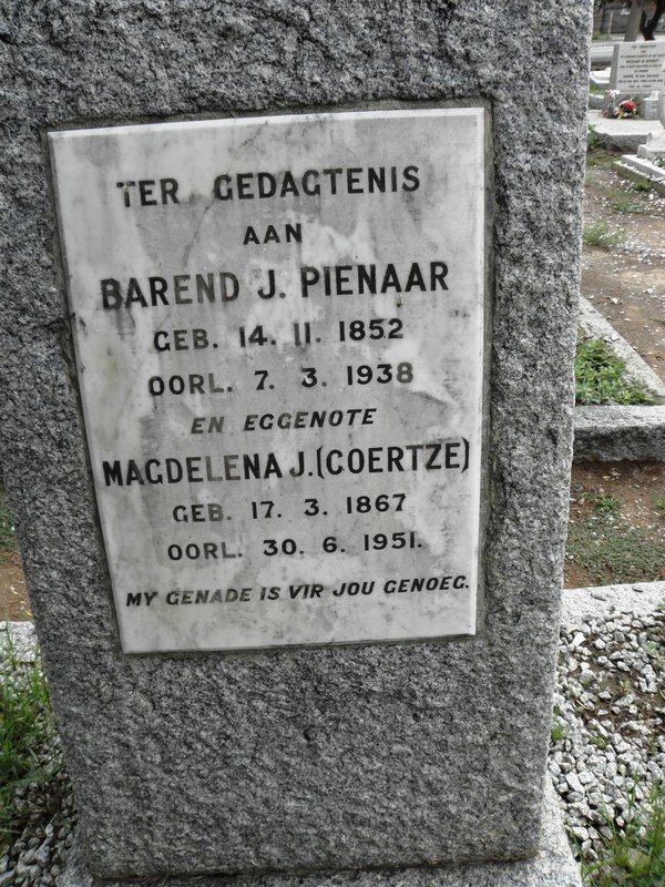 PIENAAR Barend J. 1852-1938 &amp; Magdelena J. COERTZE 1867-1951