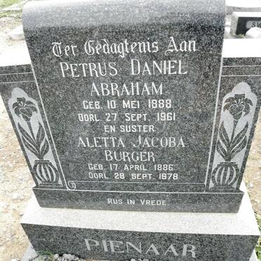 PIENAAR Petrus Daniel Abraham 1888-1961 :: BURGER Aletta Jacoba 1886-1978 