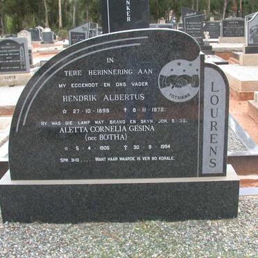 LOURENS Hendrik Albertus 1898-1972 &amp; Aletta Cornelia Gesina BOTHA 1905-1994