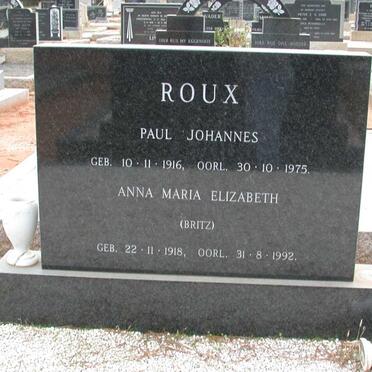 ROUX Paul Johannes 1916-1975 &amp; Anna Maria Elizabeth BRITZ 1918-1992