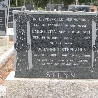 STEYN Johannes Stephanus 1891-1990 &amp; Emerentia VAN DER MERWE 1891-1967