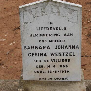 WENTZEL Barbara Johanna Gesina nee DE VILLIERS 1889-1939