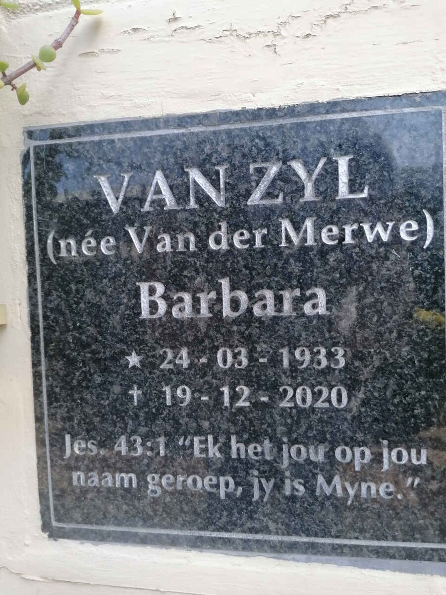 ZYL Barbara, van nee VAN DER MERWE 1933-2020