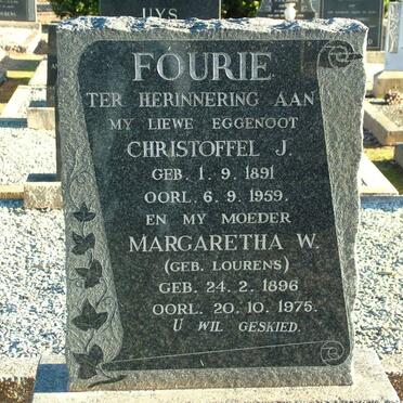 FOURIE Christoffel J. 1891-1959 &amp; Margaretha W. LOURENS 1896-1975