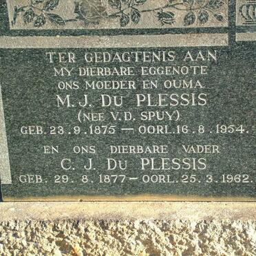 PLESSIS C.J., du 1877-1962 &amp; M.J. V.D. SPUY 1875-1954