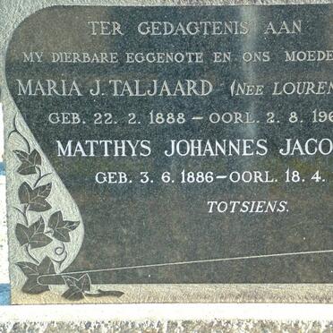 TALJAARD Matthys Johannes Jacobus 1886-1968 &amp; Maria J. LOURENS 1888-1962