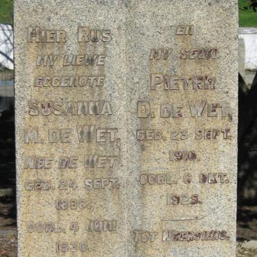 WET Pieter D., de 1910-1925 :: DE WET Susanna M nee DE WET 1888-1930