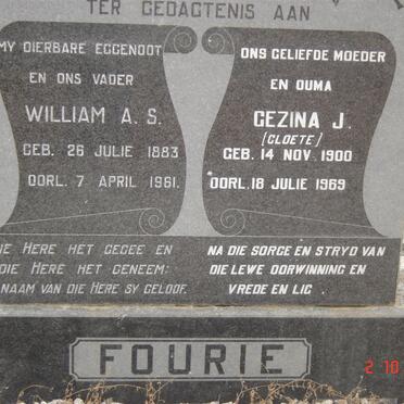 FOURIE William A. S. 1883-1961 &amp; Gezina J. CLOETE 1900-1969