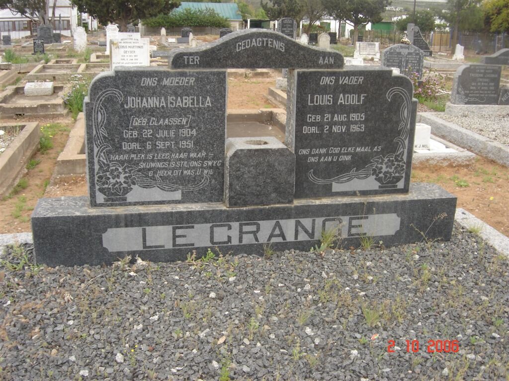 GRANGE Louis Adolf, le 1905-1963 &amp; Johanna Isabella CLAASSEN 1904-1951