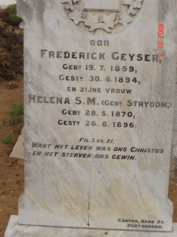 GEYSER Frederick 1859-1894 &amp; Helena S. M. STRYDOM 1870-1896